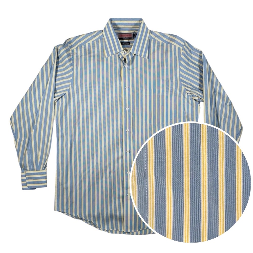 Vineyard Vines Mens 16.5/35 Dress Shirt Blue Yellow Stripe Cotton